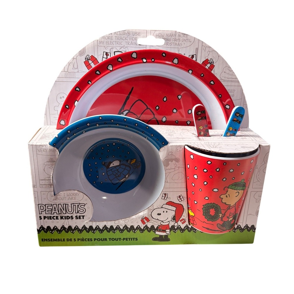 Peanuts Snoopy Christmas 5 Piece Kids Mealtime Set Plate Bowl Cup Fork Spoon NEW
